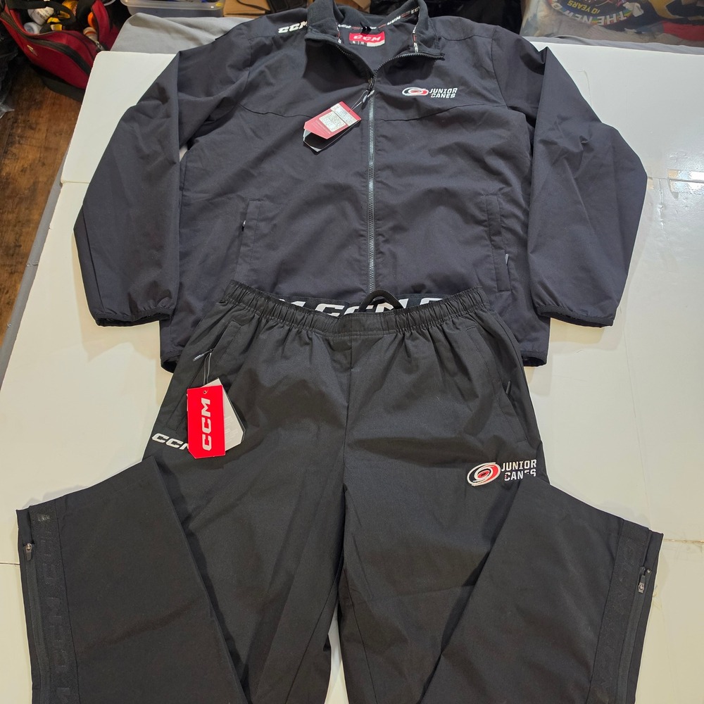 CCM Junior Canes Hockey Warm Up Suit Jacket Pants Set Tracksuit Black Men XL NWT